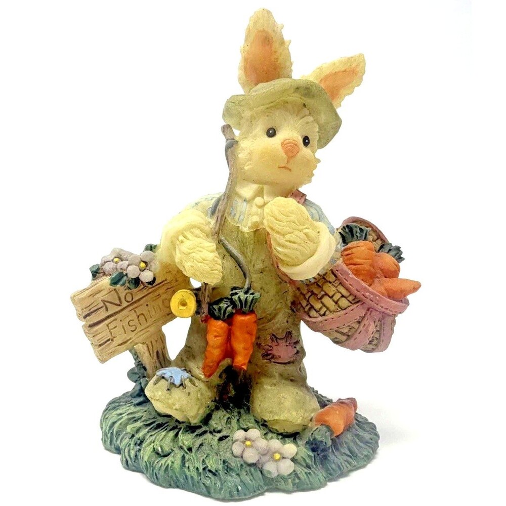 Fishing Rabbit Overalls Hat Rod Pole Basket Carrots Grass 3.75in Resin Figurine